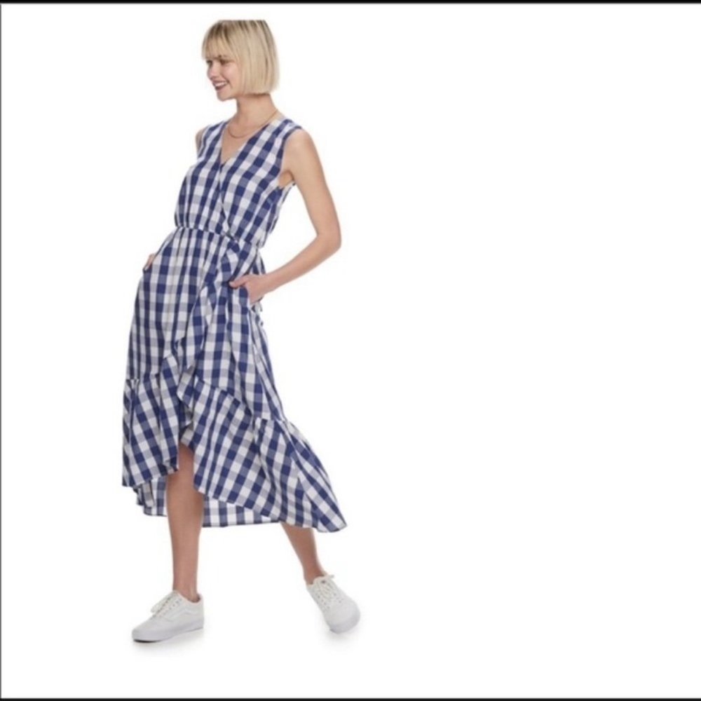 POPSUGAR GINGHAM DRESS SZ M RUFFLE HEM FAUX WRAP SKIRT BLUE WHITE